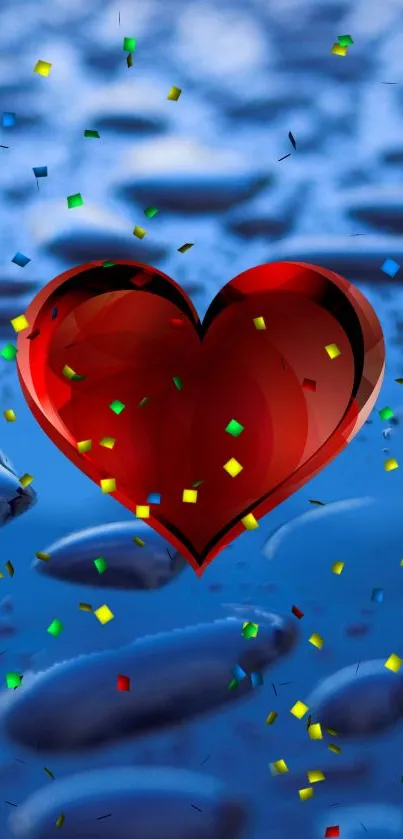 Red heart with confetti on blue water background.