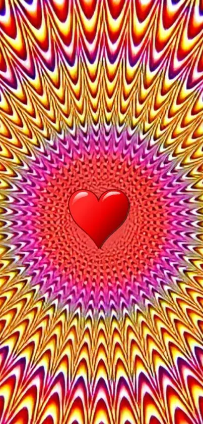 Vibrant heart design in colorful spiral illusion wallpaper.