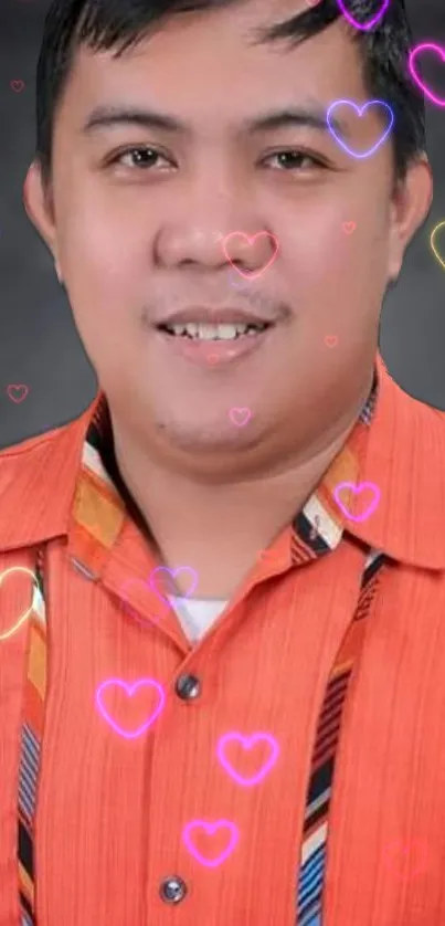 Portrait with colorful heart overlays on a dark background.
