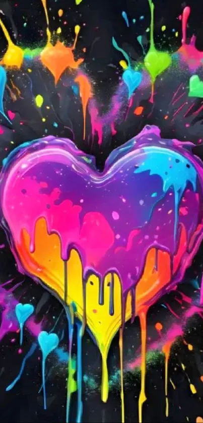 Colorful heart-shaped paint splash on a black background.