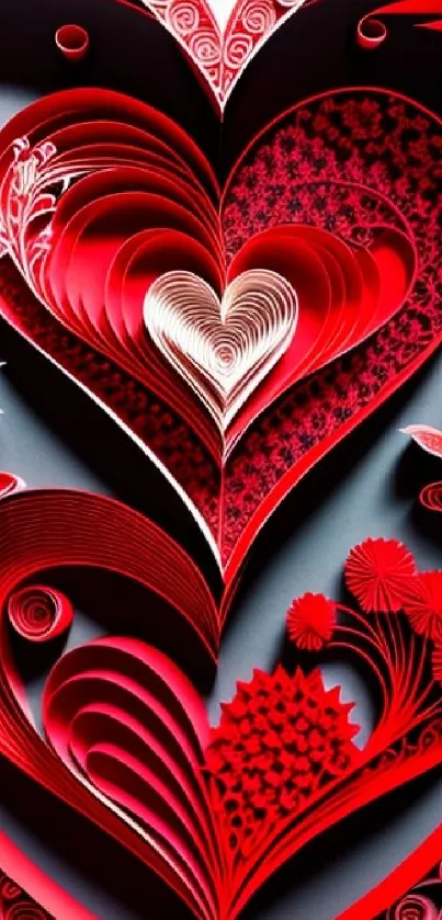 Intricate red paper art heart design mobile wallpaper.