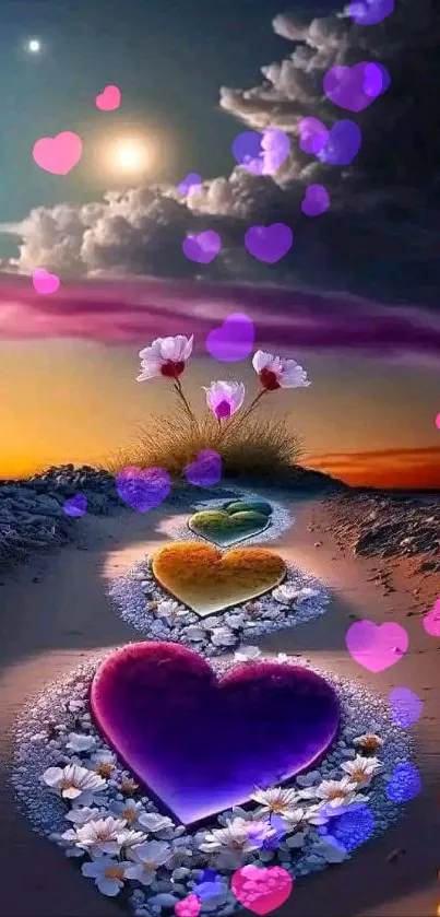 Vibrant path of glowing hearts with a serene sky and flowers.