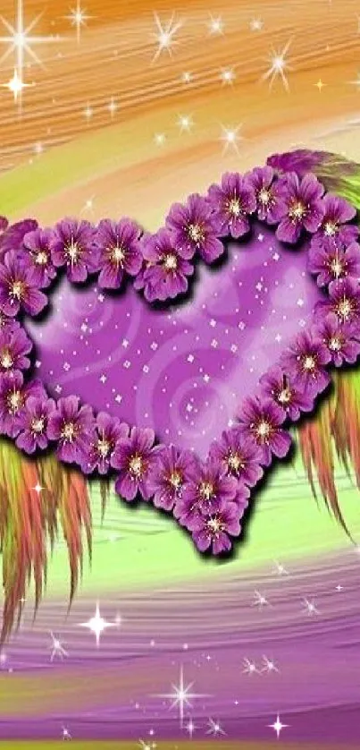 Vibrant purple heart with flowers and stars in colorful background.