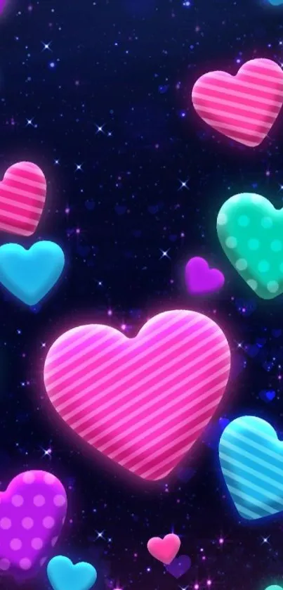 Vibrant mobile wallpaper with colorful floating hearts on a dark starry background.