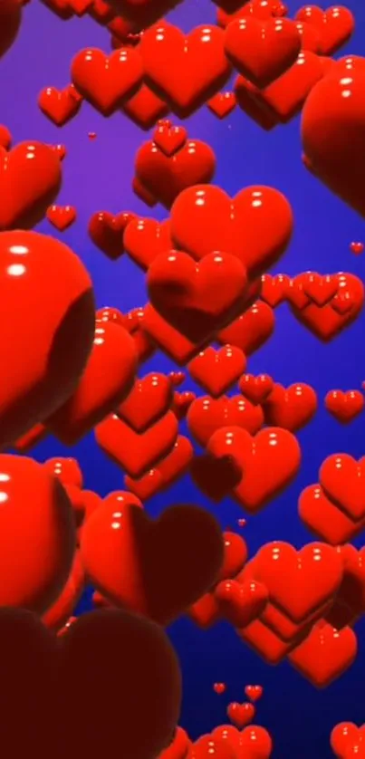 3D red hearts on a blue gradient background for mobile wallpaper.