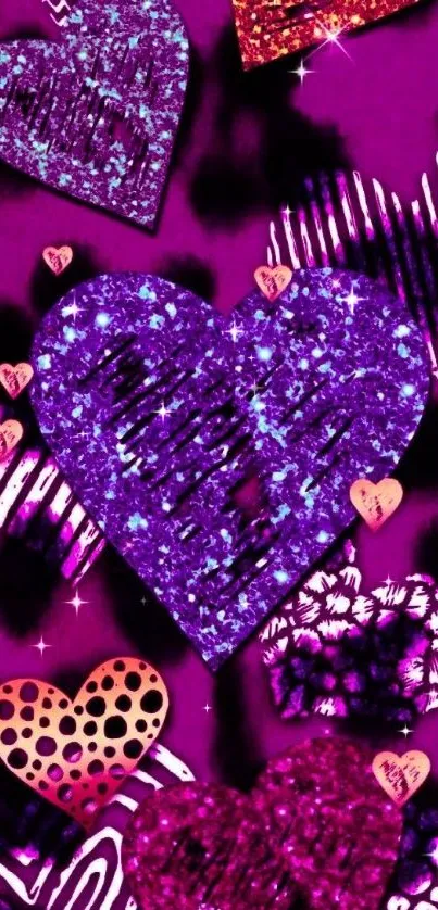 Colorful glitter heart pattern on purple background