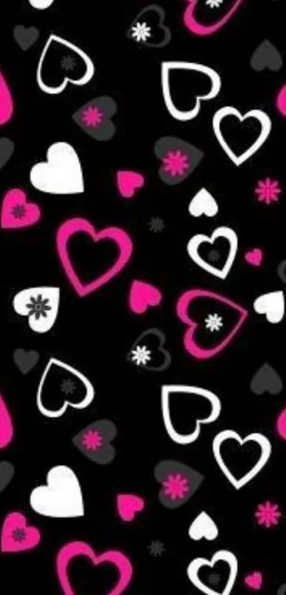 Mobile wallpaper with pink, black, and white hearts pattern.