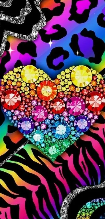 Bright heart with colorful animal patterns.