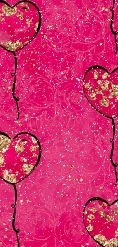 Pink wallpaper with heart designs and gold accents.