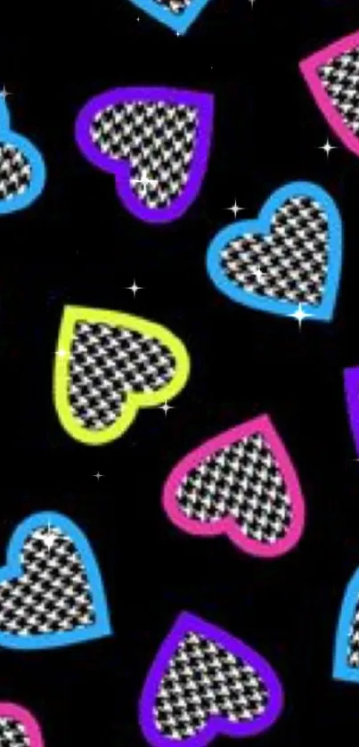 Vibrant heart pattern with houndstooth design on a black background.