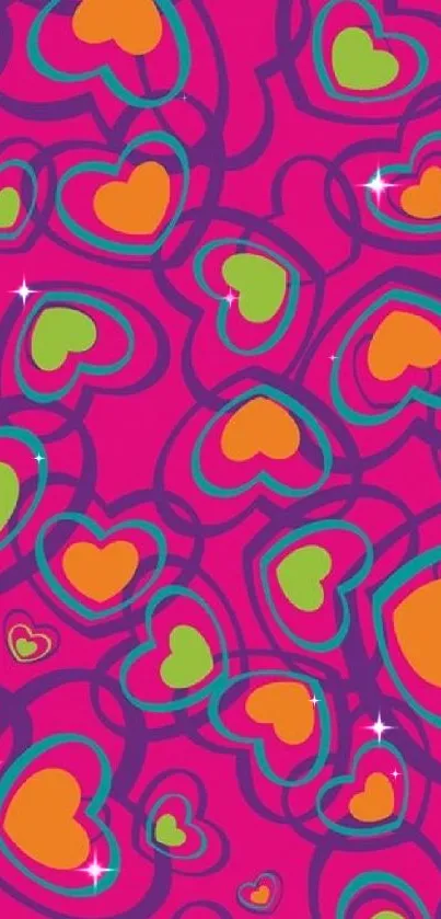 Vibrant heart pattern wallpaper with colorful hearts on a magenta background.