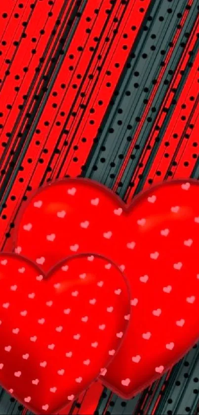 Red heart pattern wallpaper with stripes and polka dots.