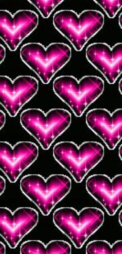 Pattern of vibrant pink hearts on a black background, perfect for mobile wallpaper.