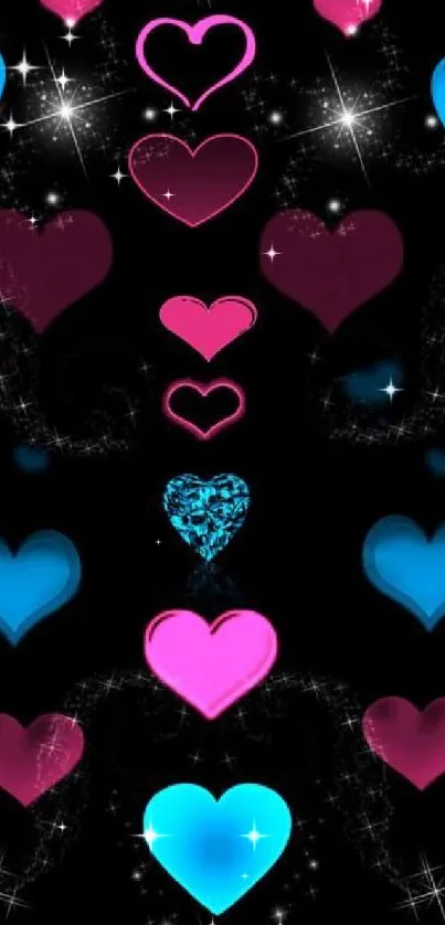 Colorful hearts and stars on black wallpaper.