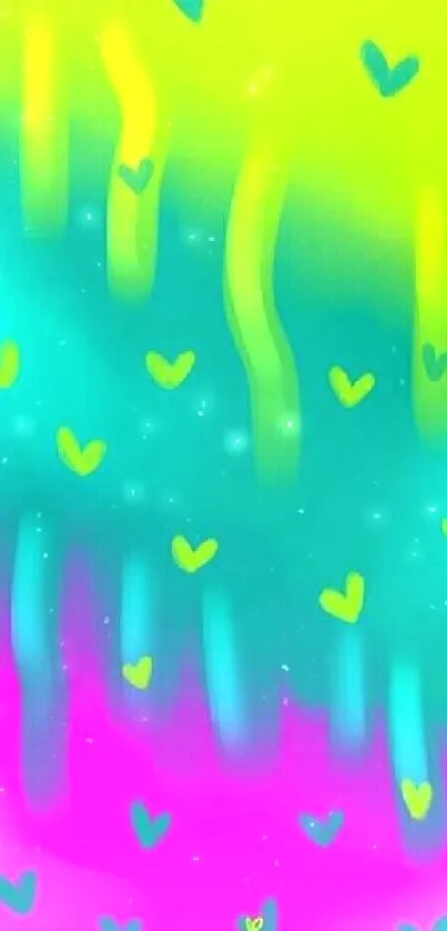 Vibrant wallpaper with lime green hearts on a colorful background.