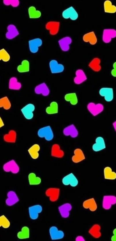 Vibrant wallpaper with colorful hearts on black background.