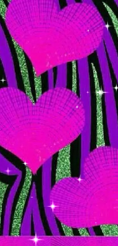 Vibrant pink heart pattern on green and black striped background.