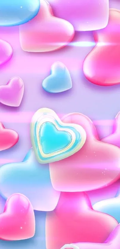 Vibrant pastel hearts wallpaper with pink, blue, and purple hues.