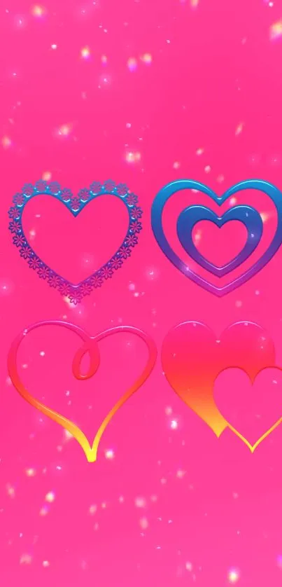 Vibrant pink wallpaper with colorful heart designs.