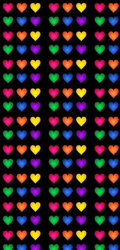 Vibrant, colorful heart pattern on black background mobile wallpaper.