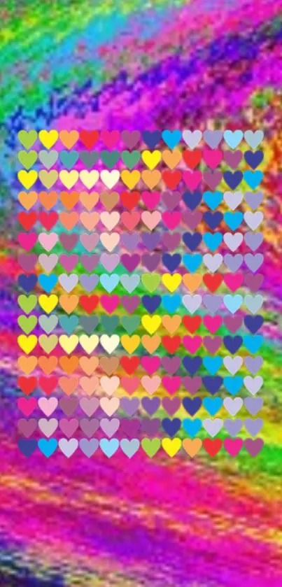 Vibrant phone wallpaper with colorful heart pattern on a rainbow background.