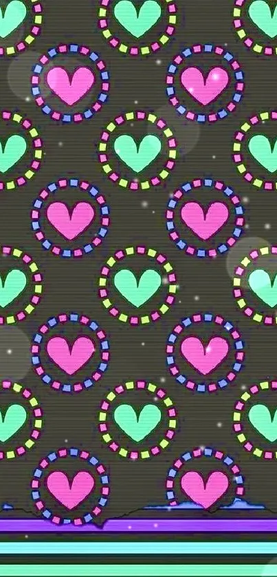 Mobile wallpaper with colorful heart patterns on a black background.