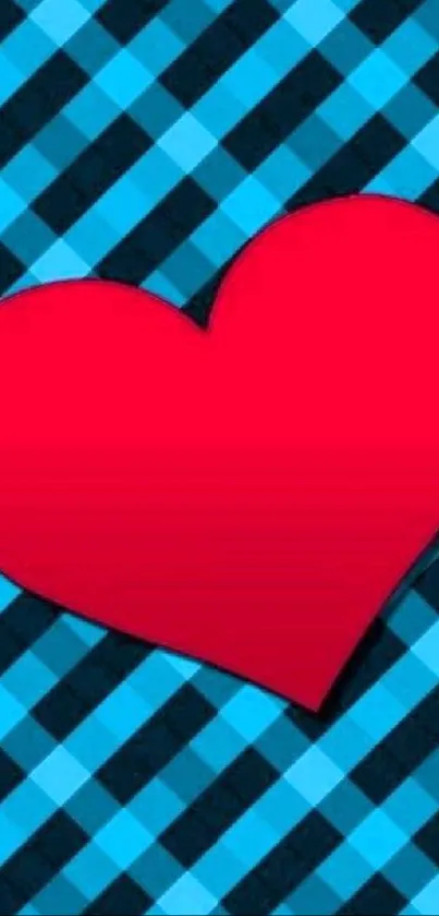 Vibrant red heart on blue checkered background.