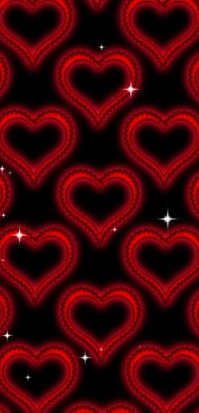 Mobile wallpaper with glowing red hearts on black background.