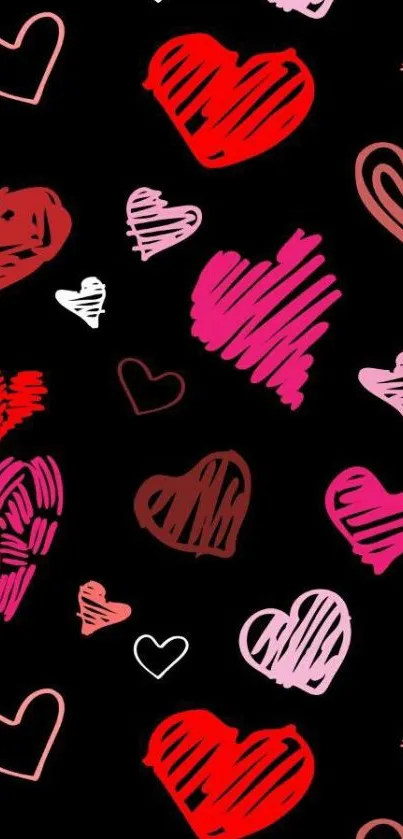 Colorful doodle hearts on black wallpaper background.