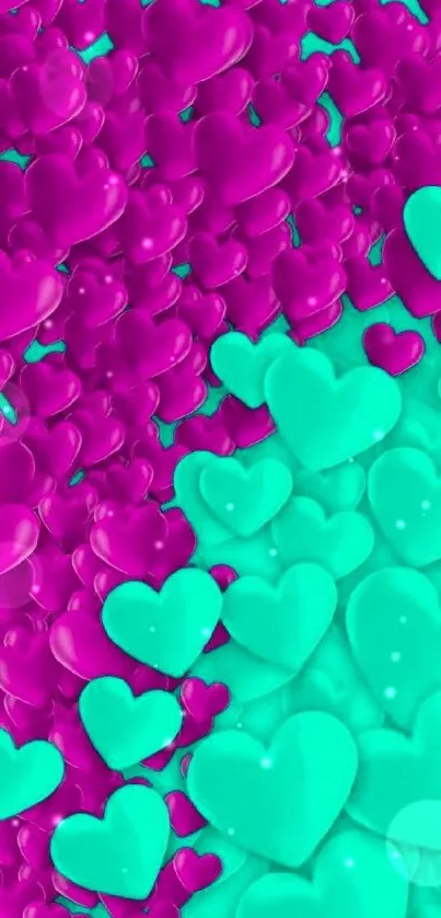 Vibrant wallpaper with purple and turquoise hearts.