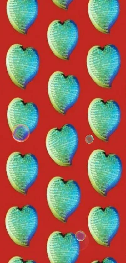 Blue-green heart pattern on a red background mobile wallpaper.