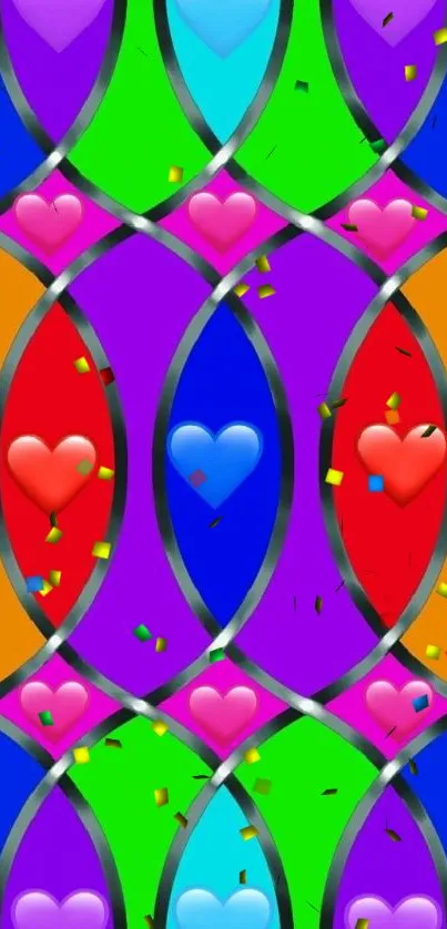 Vibrant mobile wallpaper with colorful heart pattern design.