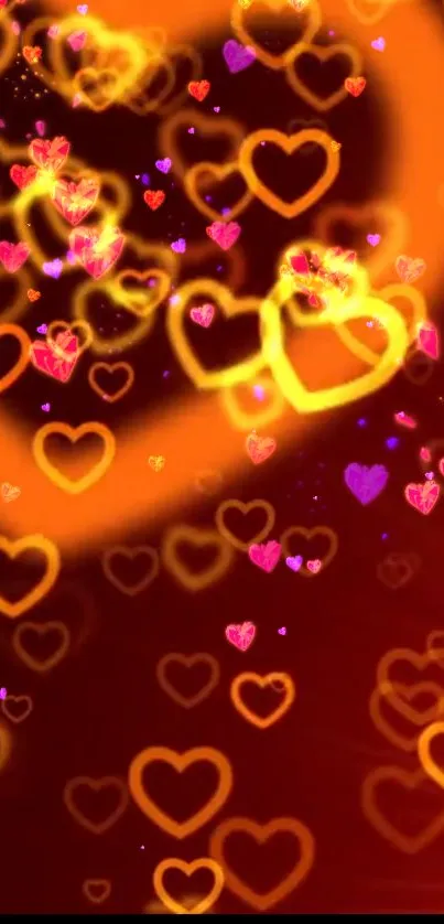 Vibrant glowing heart pattern wallpaper in orange hues.