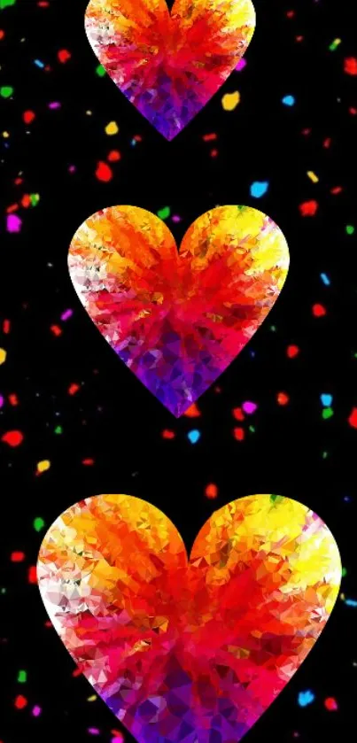 Vibrant hearts pattern on dark background for mobile wallpaper.