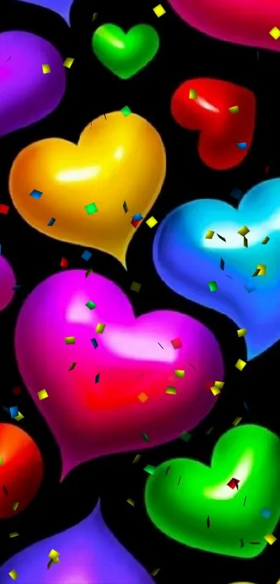 Colorful 3D hearts pattern on black background wallpaper.