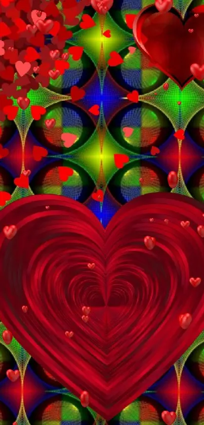 Colorful heart pattern wallpaper with red and green design.