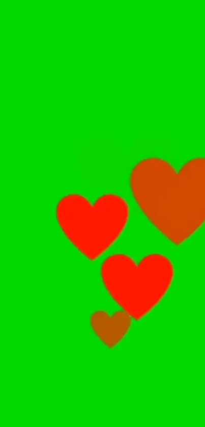 Vibrant hearts on green wallpaper background.