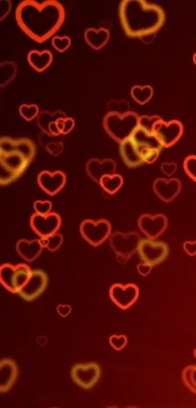 Vibrant heart pattern with glowing red and orange hearts on a dark background.