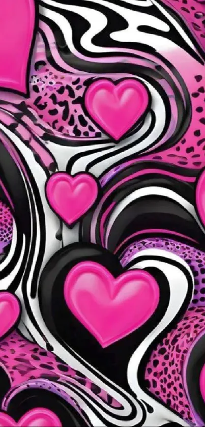 Abstract wallpaper with pink hearts and zebra stripes pattern.