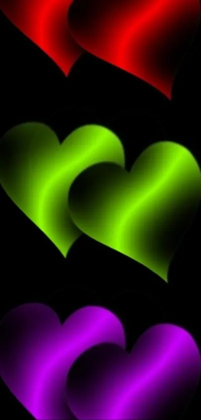 Colorful glowing hearts on a dark background