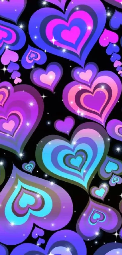 Colorful vibrant hearts wallpaper design with stars on black background.