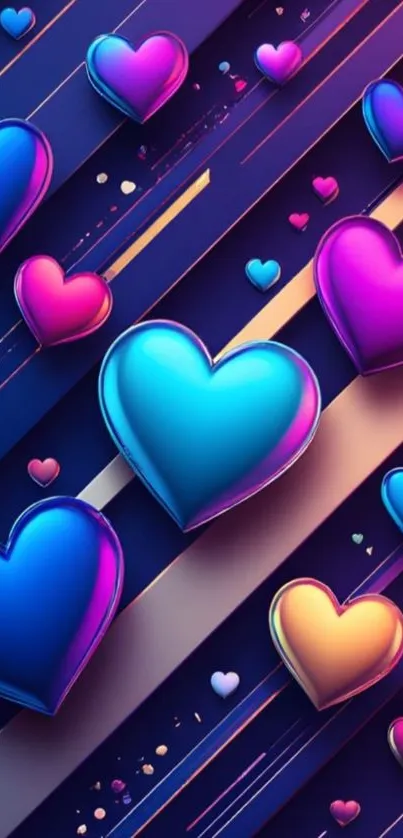 Vibrant heart pattern with blue and purple hearts on a dynamic background.