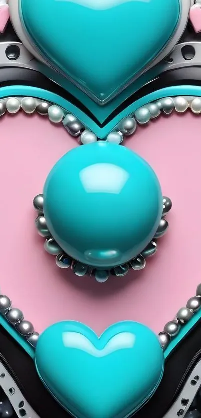 Teal and pink heart pattern wallpaper with a modern design.