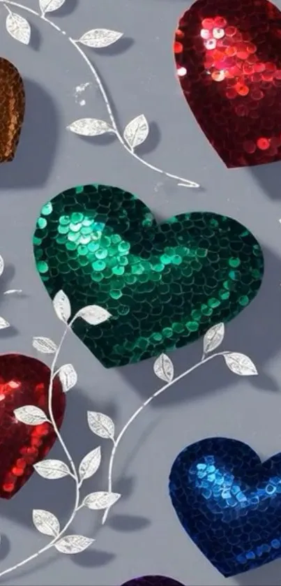 Vibrant sequin heart pattern with elegant leaf motifs on a gray background.