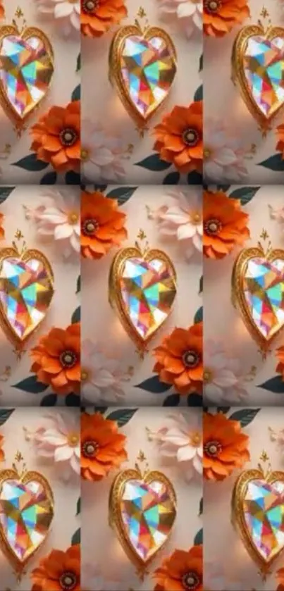 Vibrant heart pattern wallpaper with floral accents.