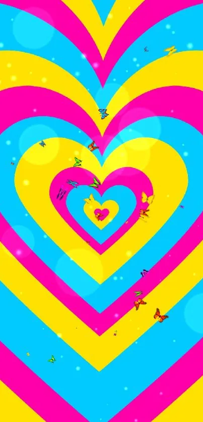 Vibrant heart pattern wallpaper in pink, blue, and yellow colors.