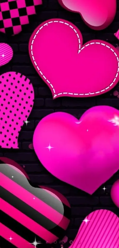 Vibrant hot pink hearts pattern on dark brick background.