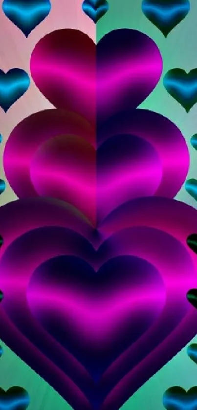 Vibrant heart pattern wallpaper with blue and pink tones.