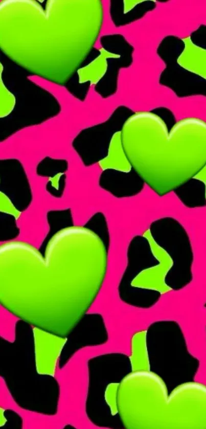 Vibrant neon pink and green heart pattern wallpaper.