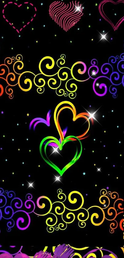 Vibrant heart and swirl pattern wallpaper with colorful stars.